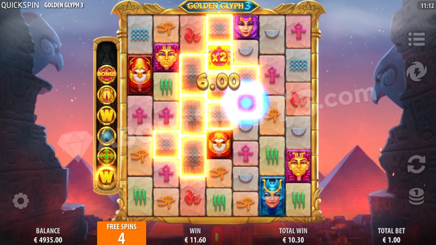 Bonus game with free spins and a 2X multiplier on the Golden Glyph symbol