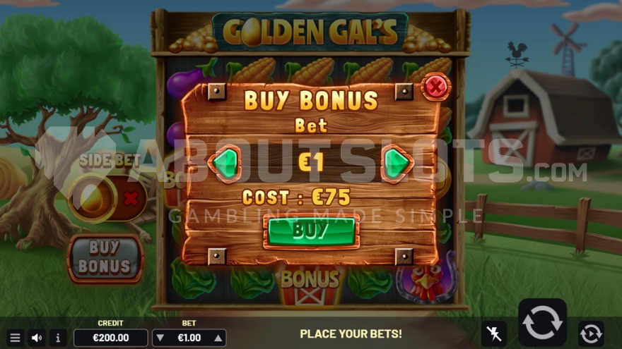 Feature buy screen showing option to activate free spins for 75 times the bet