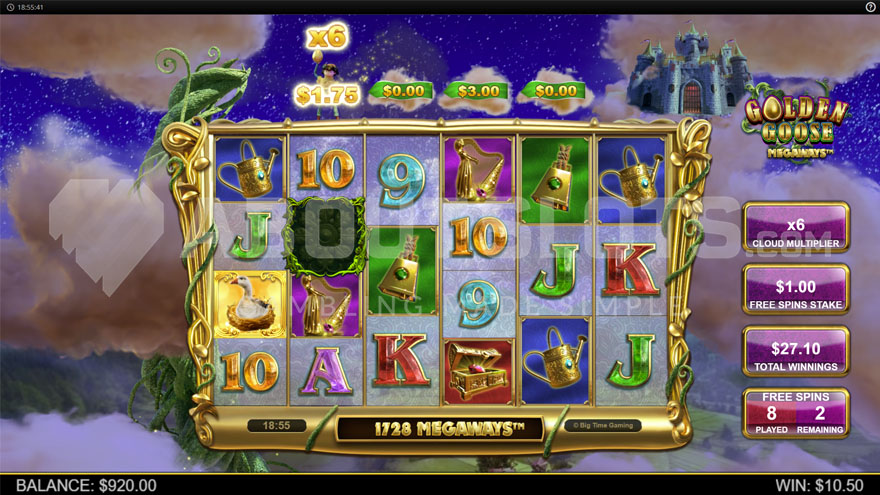 Bonus game with free spins and current win multiplier of 6X