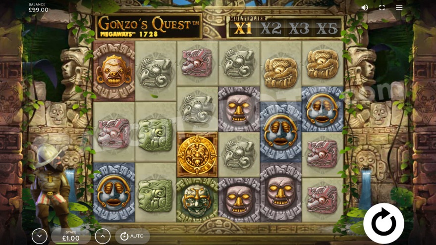 Base game with Gonzo standing to the left of the reels.