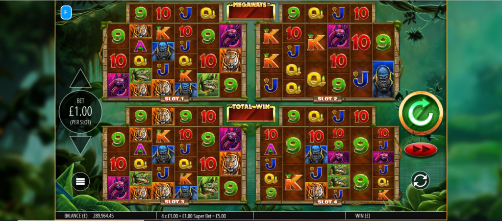 Gorilla Gold Megaways slot gameplay featuring four game screens