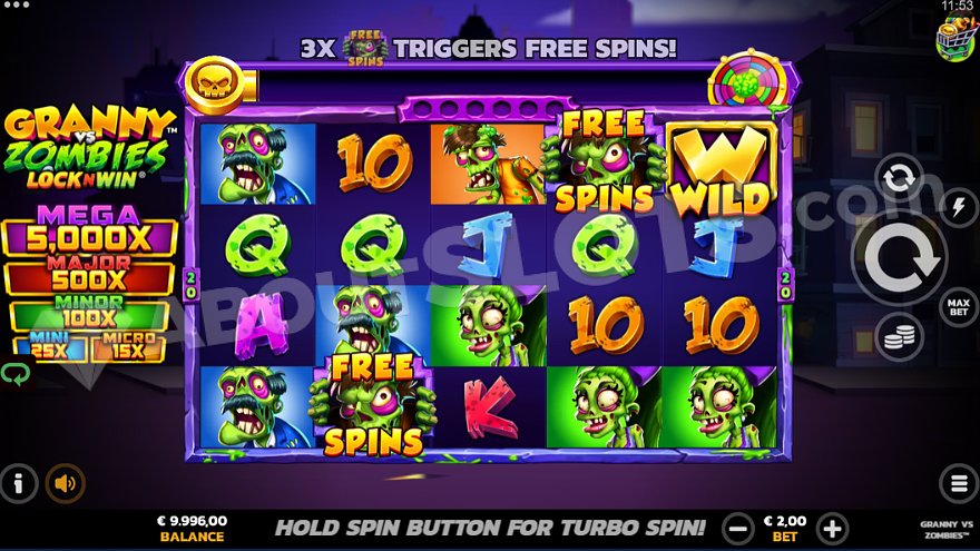 Five reels with zombie and card symbols displayed on the game screen.