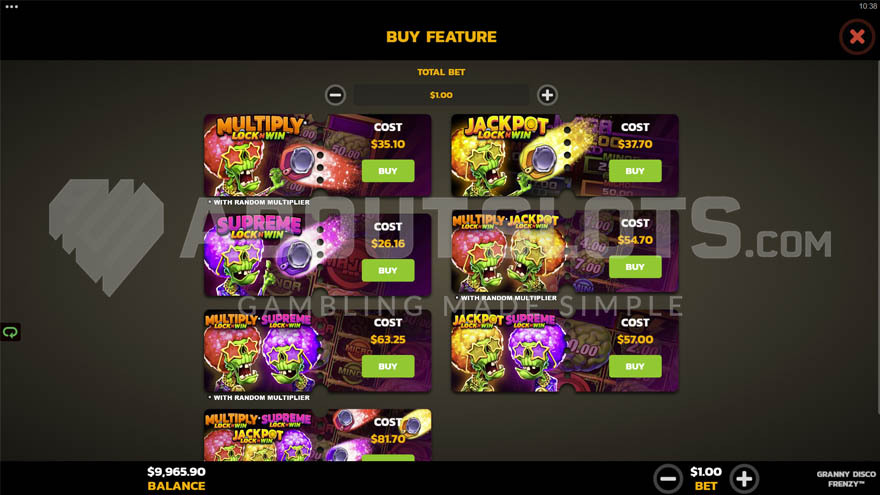 Feature Buy menu showing 7 different options