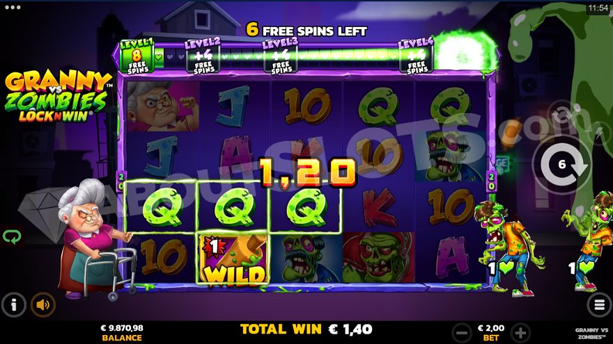 Winning combination with three Q symbols and a rolling pin wild symbol.