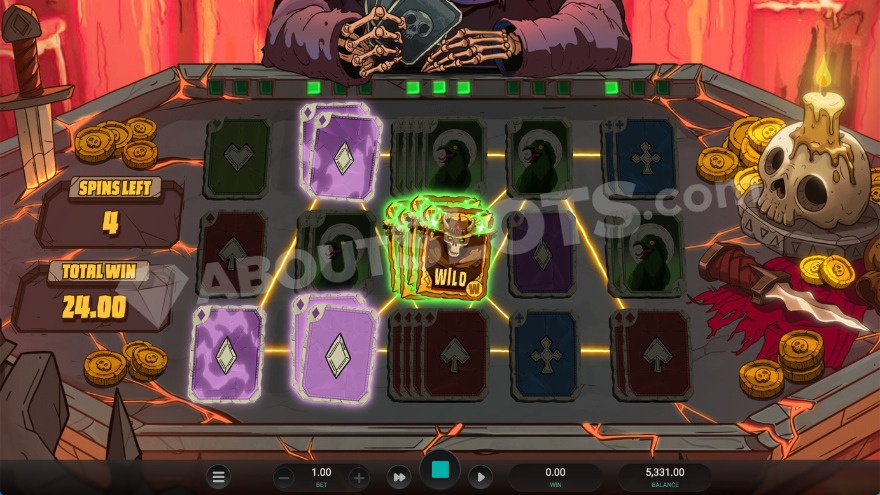 Free spins feature where wins are created with wild symbols in Grim the Splitter slot.