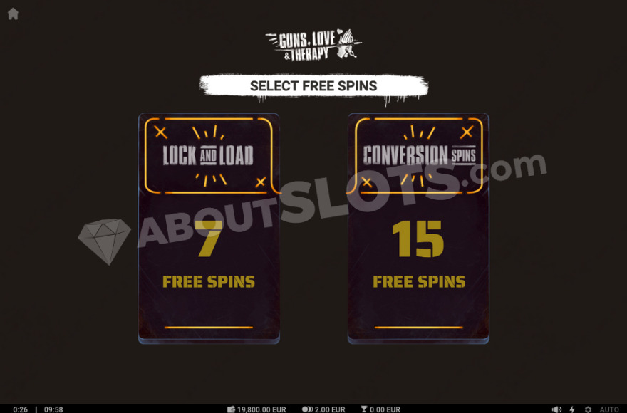 Two bonus game options displayed in Guns, Love & Therapy slot