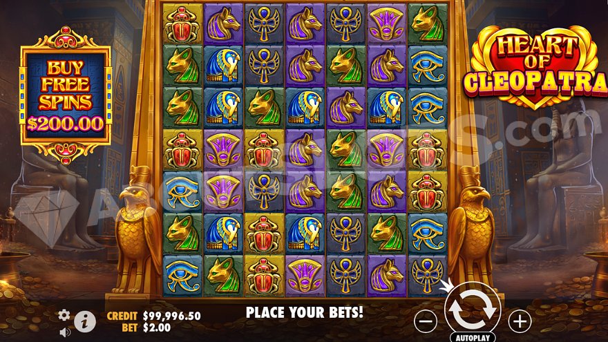 Egyptian-themed slot game with 7x7 grid layout.