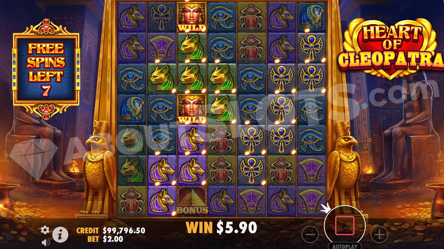 Winning combination with two Cleopatra wild symbols during free spins.