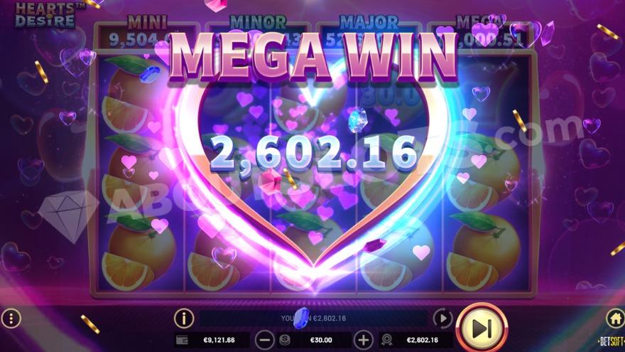Big win screen surrounded by a large heart graphic