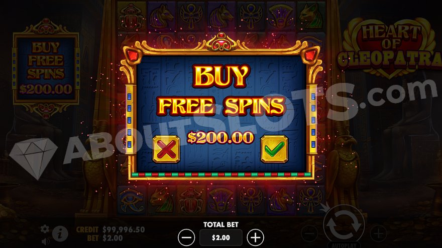 Menu offering free spins for 100 times your stake.