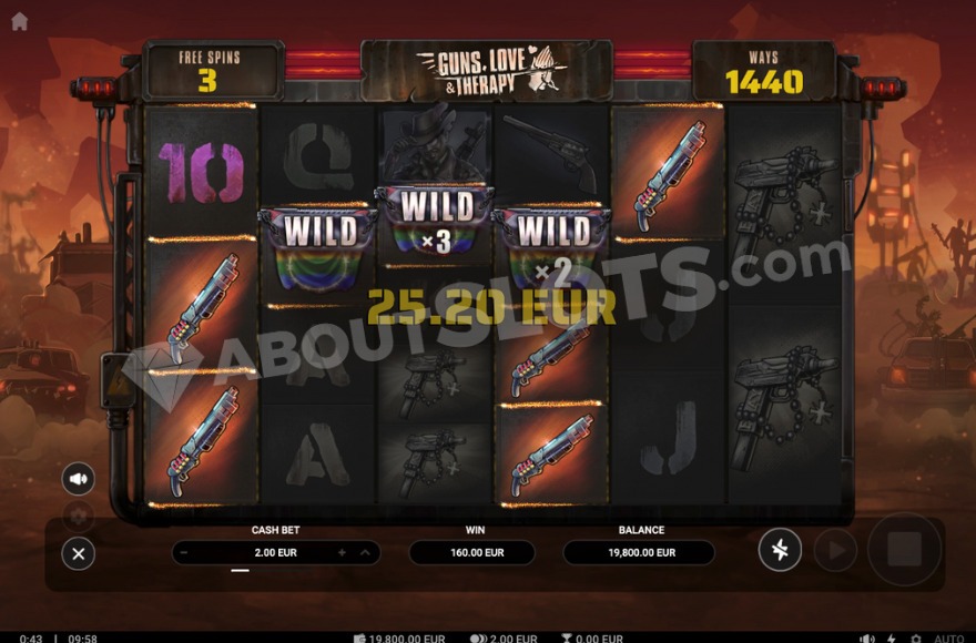 Bonus game with sticky wild symbols in Guns, Love & Therapy slot