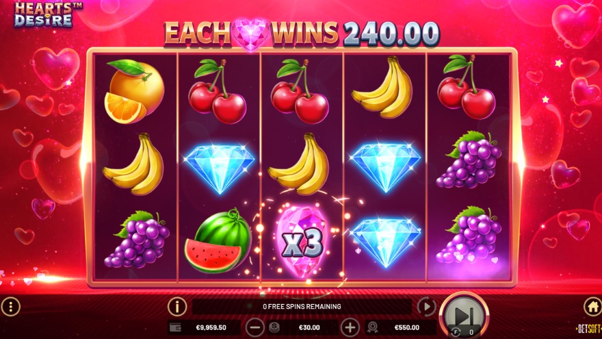 Free spins screen with red background covered in heart patterns