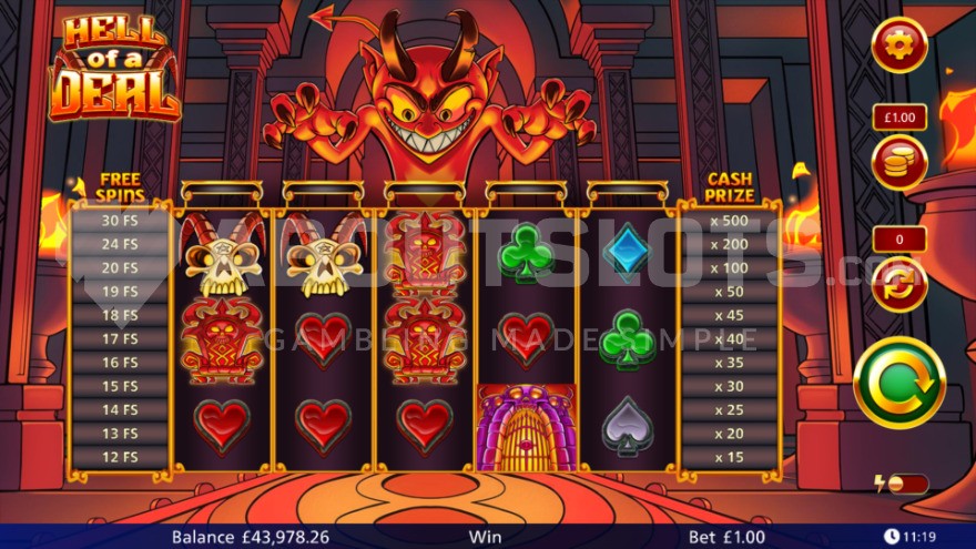 Base game at the gates of hell with the devil standing above the reels