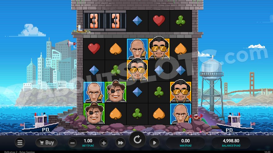 Slot machine on Alcatraz Island with San Francisco skyline and Golden Gate Bridge in the background.
