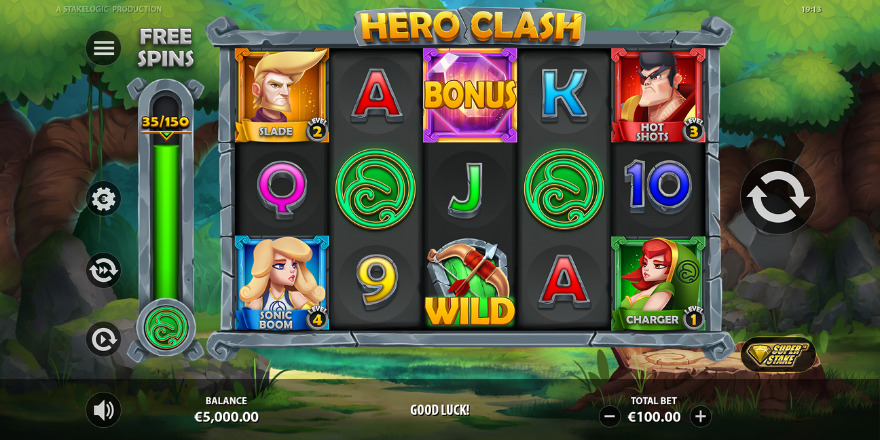 Hero Clash slot main game screen showing superhero characters