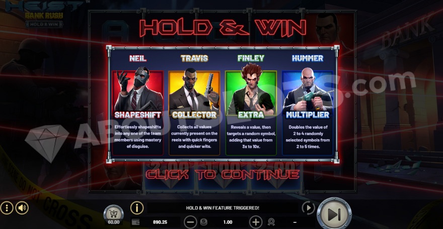 Introduction to the Hold and Win feature showing four special character symbols