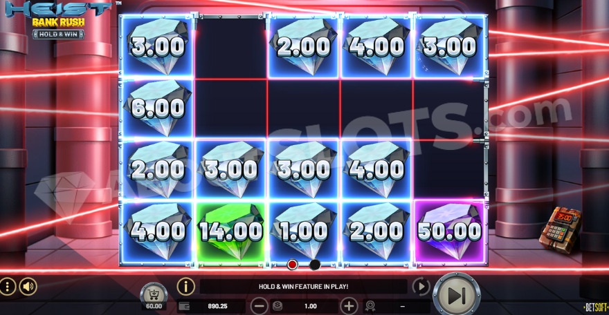Hold and Win feature with one purple diamond on the fifth reel