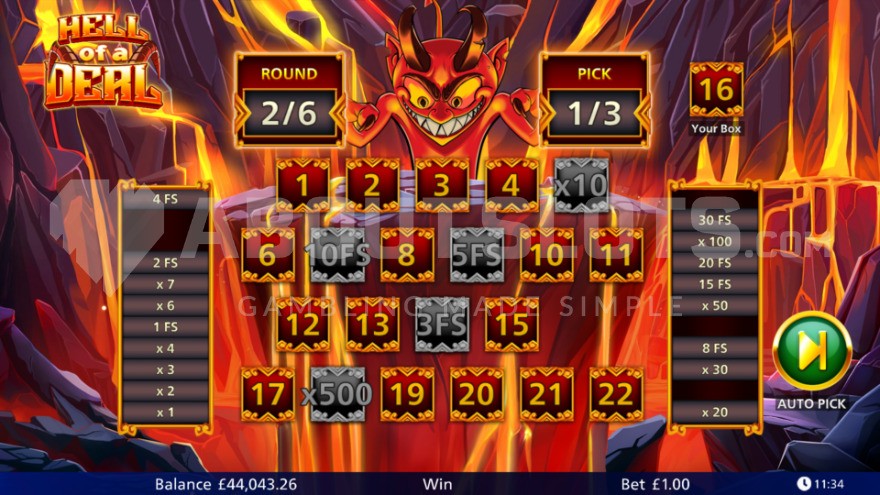 Bonus game unfolding in the depths of hell with lava flowing around the reels
