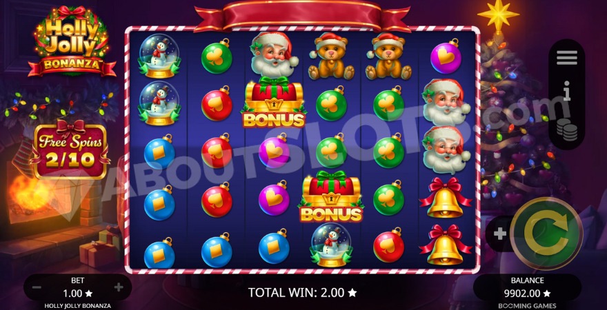 Bonus game with free spins showing two scatter symbols on the reels.