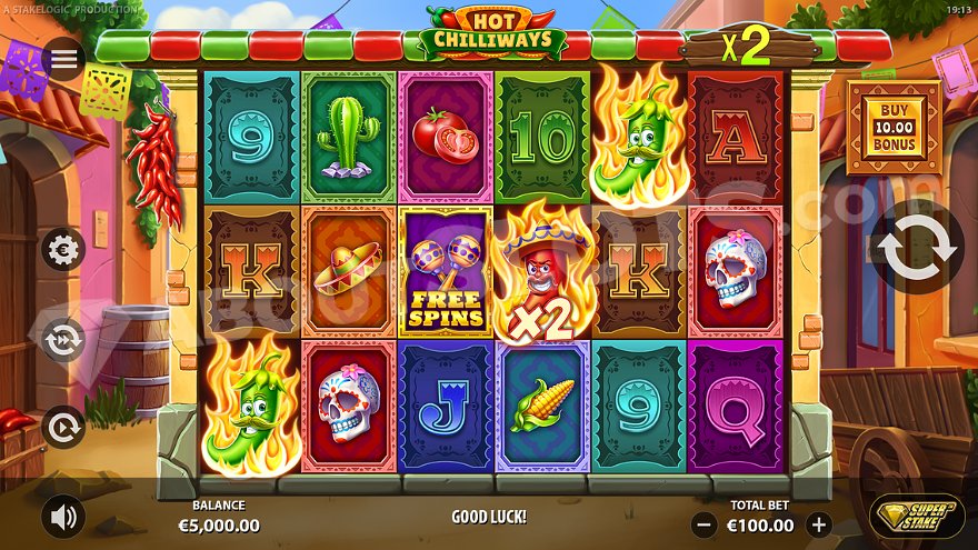 Hot Chilliways slot main game screen with Mexican theme