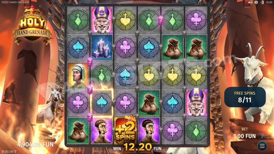 Holy Hand Grenade bonus game with free spins showing frame and holy hand grenade on screen