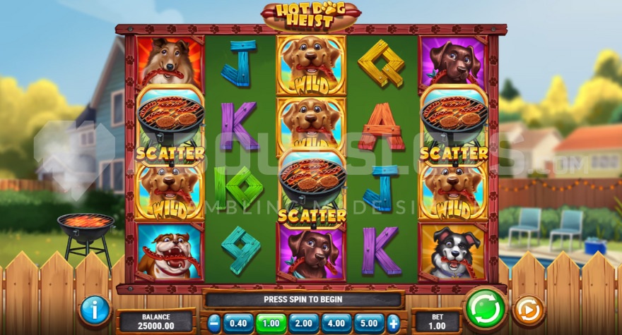 Hot Dog Heist base game with colorful reels and dog characters