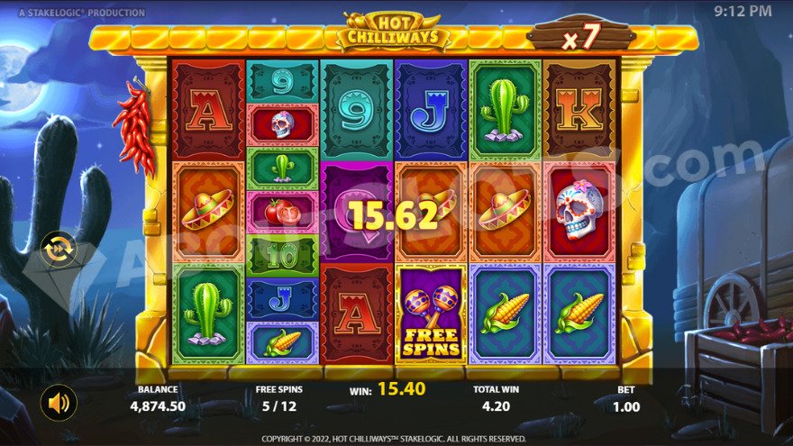 Hot Chilliways scatter symbols and bonus feature screen