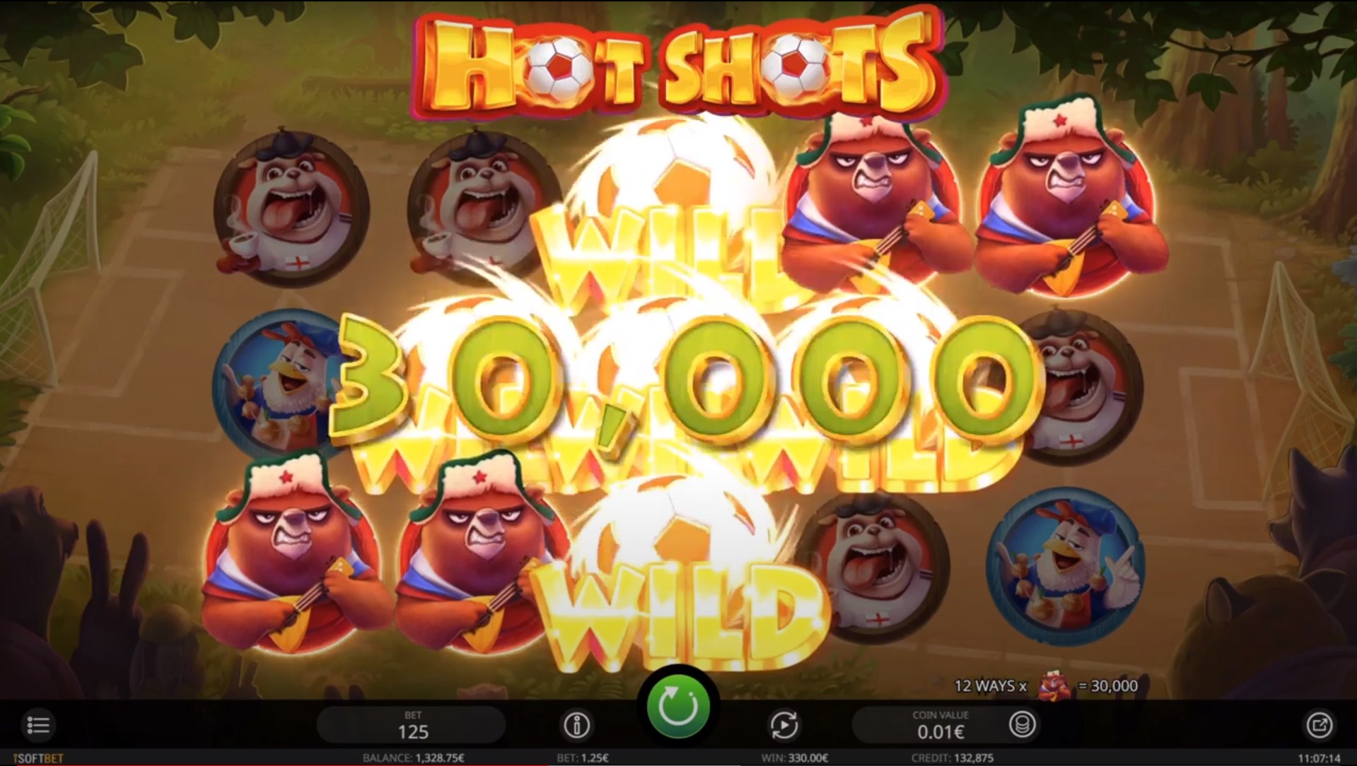 Hot Shots 2 slot gameplay screen with animal football players