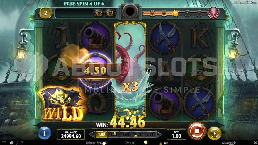 Free spins round with a moving wild symbol with x3 multiplier and a win on the first three reels