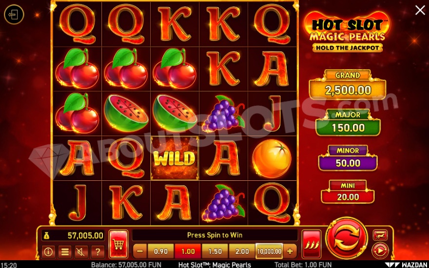 Magic Pearls slot game interface showing fiery background and symbol grid