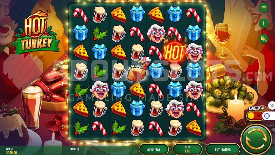 Hot Turkey slot main game screen showing dinner-themed slot