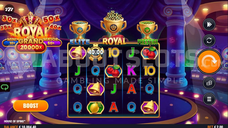 House of Spins base game display showing casino-themed slot reels