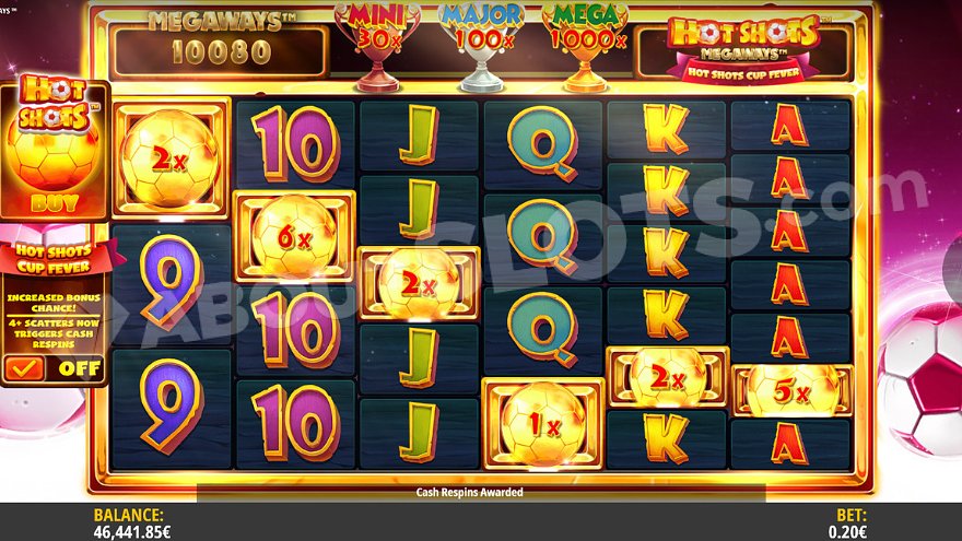 Hot Shots Megaways bonus feature with cascading symbols
