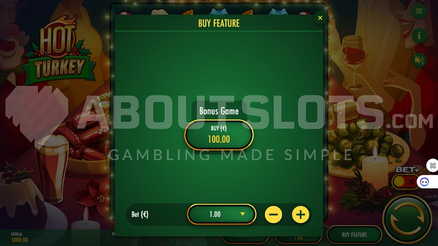 Feature Buy screen offering free spins for 100x stake