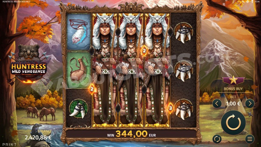 Huntress Wild Vengeance slot game main screen showing reels and Native American backdrop