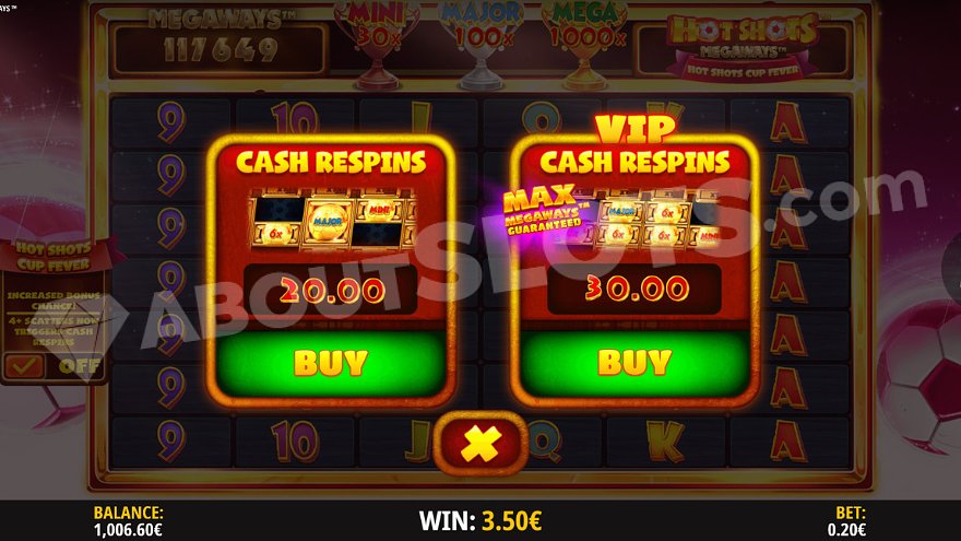 Hot Shots Megaways bonus buy feature screen
