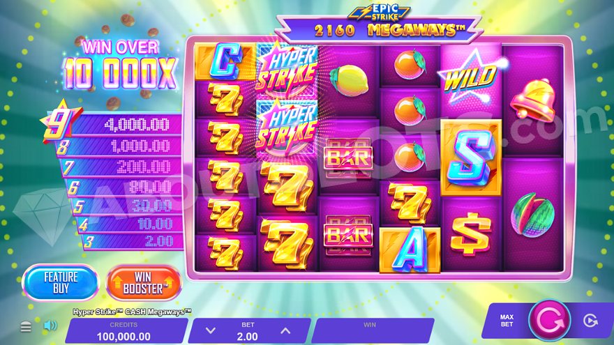 Six reels of Hyper Strike Cash Megaways slot on green background