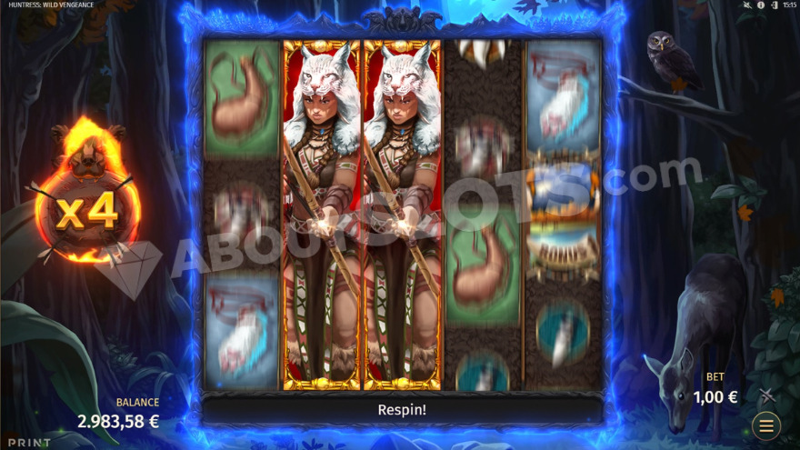 Free spins bonus feature screen with Huntress character and multipliers
