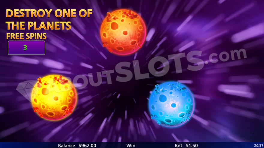 Introduction to Free Spins showing planets ready for destruction.
