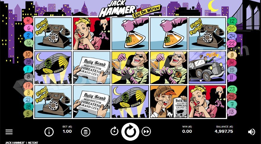 Jack Hammer slot main game screen showing comic book style graphics