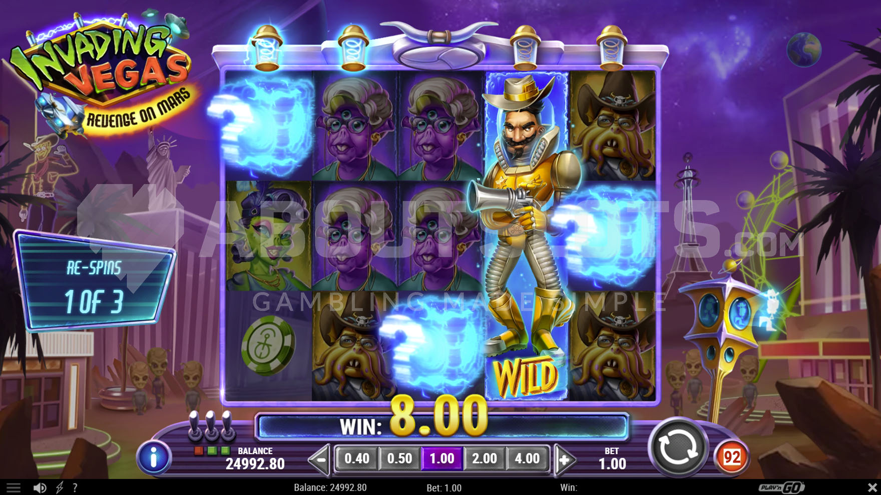 Walking Wild Re-Spin feature activated in the base game. Fully filled Wild symbol on the 4th reel and 3 Mystery symbols on the playing field.