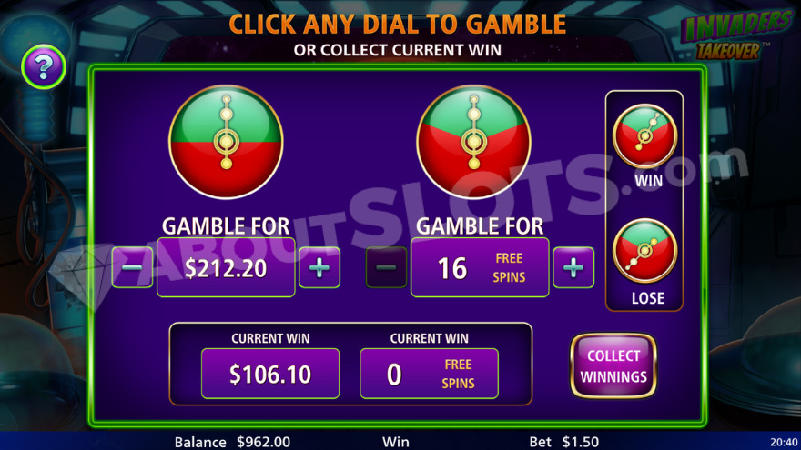 Gamble feature with options to risk or collect winnings.