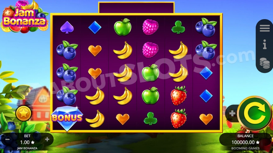 Base game with red barn to the left of the reels in Jam Bonanza slot