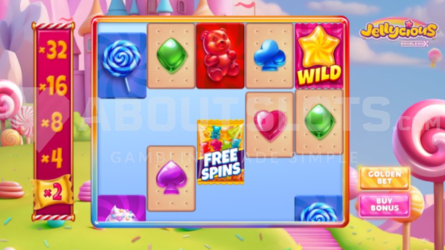 Game screen of Jellycious DoubleMax slot showing candy-themed reels
