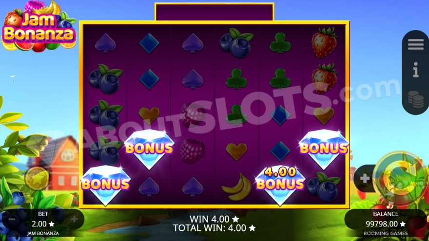 Free spins feature activation with four scatter symbols on the reels in Jam Bonanza