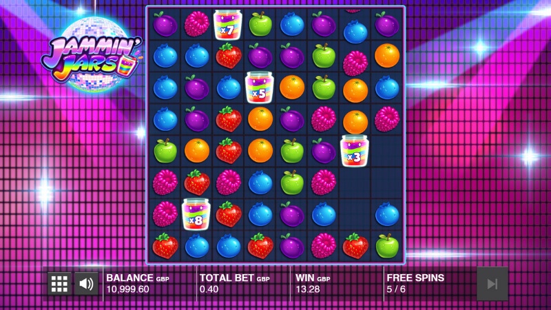 Jammin Jars free spins feature showing multiple wild symbols with multipliers