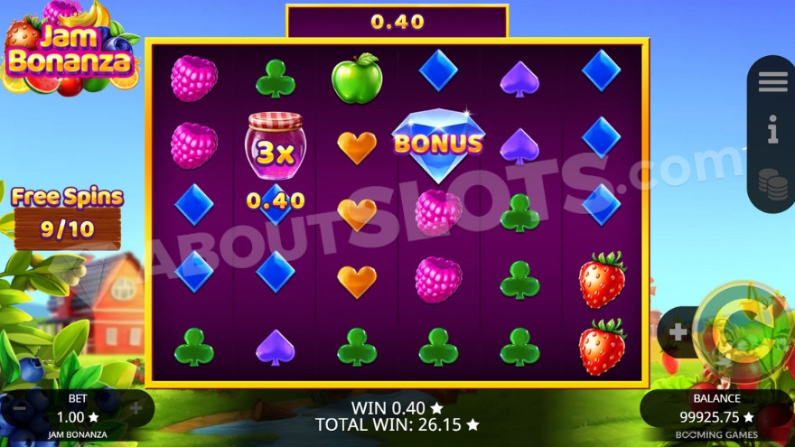 Bonus game with free spins and a 3X multiplier symbol on the second reel in Jam Bonanza