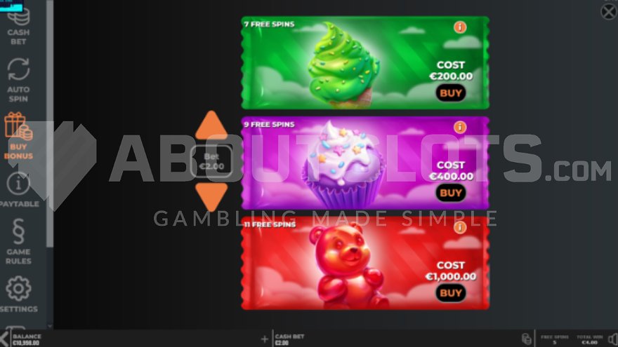 Feature Buy menu offering options to purchase free spins for 100 to 500 times the bet