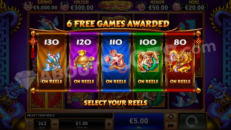Introduction to free games with a choice between five different symbols.