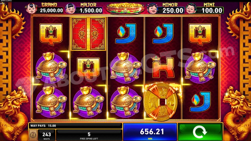 Bonus game with free spins and a golden dragon beside the reels.
